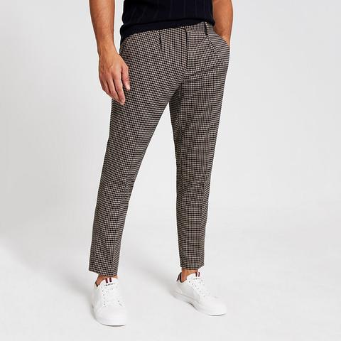 Brown Check Skinny Pleated Smart Trousers