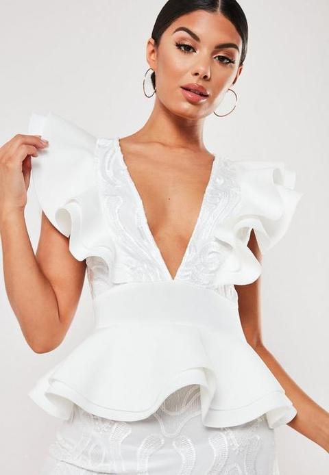 White Ruffle Detail Plunge Midi Dress