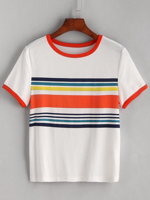 White Contrast Striped Trim T-shirt