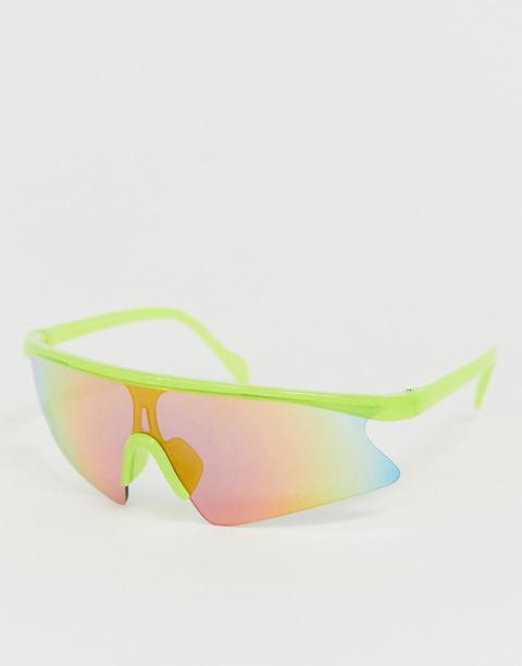Asos Design Wrap Half Frame Visor Sunglasses With Red Flash Lens-green