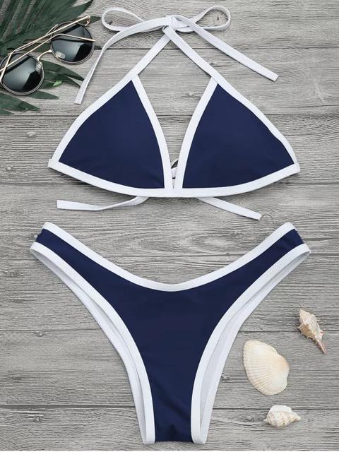 Conjunto De Bikini Con Ribete En Contraste De Corte Alto Gray Black Neon Orange Lemon Yellow Navy