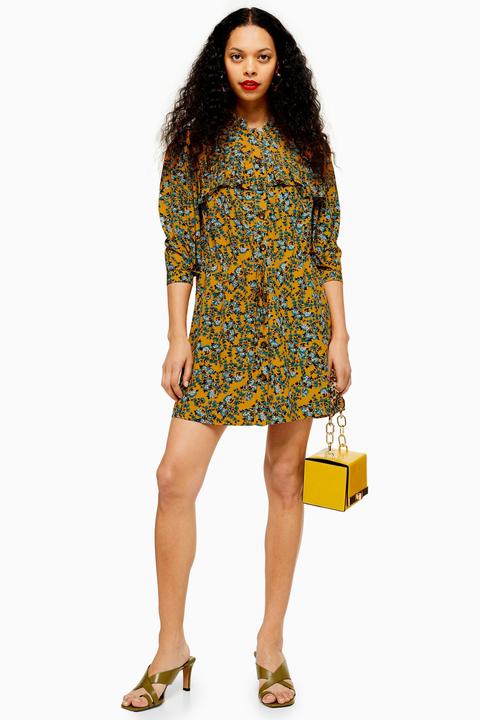 Womens Petite Idol Agadir Paisley Pleat Mini Shirt Dress - Mustard, Mustard