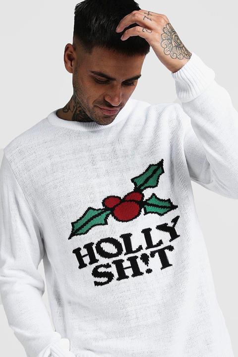 Mens White Holly Sh!t Christmas Jumper, White