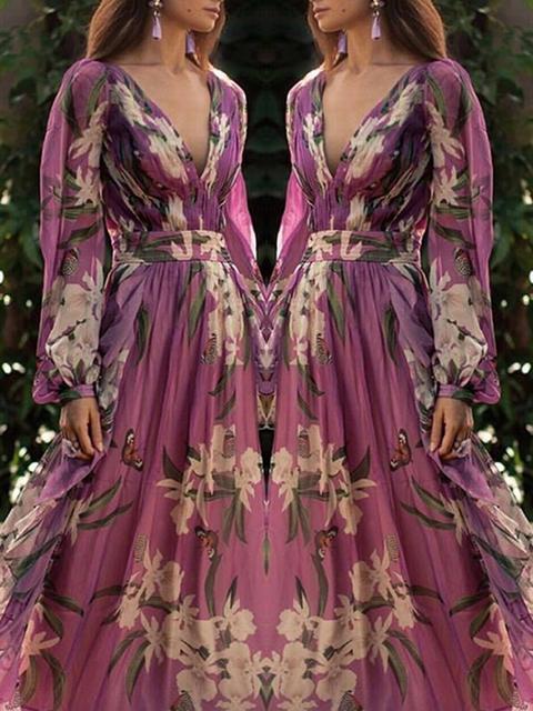 Abito Lungo Fiori Con Scollo A V Manica Lunga Moda Viola from Cichic on 21  Buttons