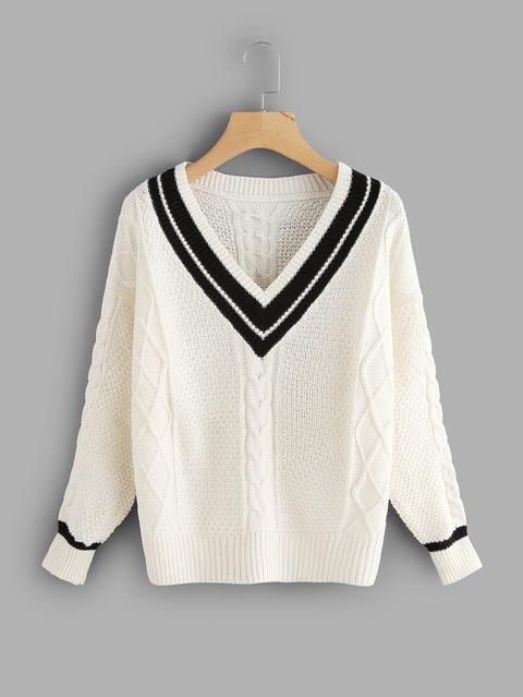 V Neckline Striped Trim Knit Sweater