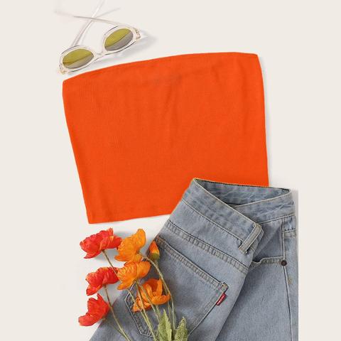 Neon Orange Crop Rib-knit Bandeau Top