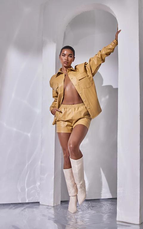 Mustard Faux Leather Runner Pocket Front Shorts