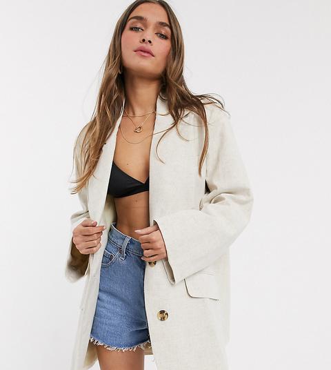 Asos Design Petite Linen Oversized Jacket With Contrast Stitching In Cream-neutral