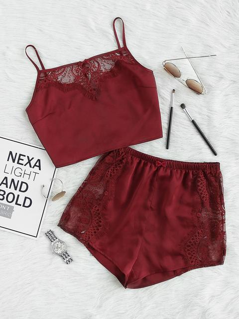 Lace Insert Crop Cami And Shorts Pajama Set