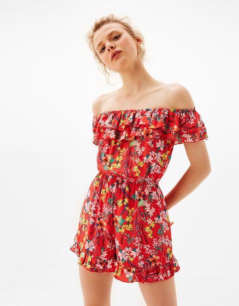 Short Floral Print Boatneck Jumpsuit