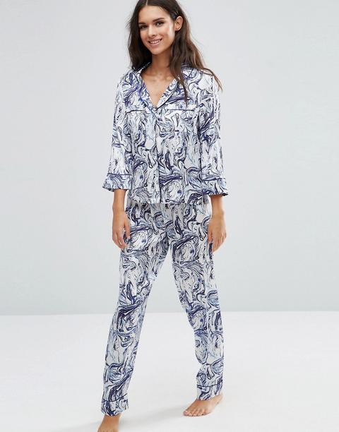 Asos - Pigiama In Raso Con Stampa Effetto Marmo E Cuciture Tubolari - Multicolore