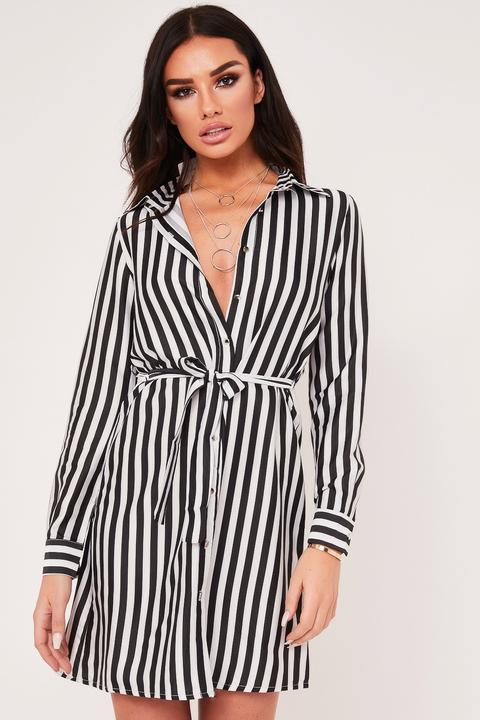 Taylor Black & White Striped Satin Shirt Dress