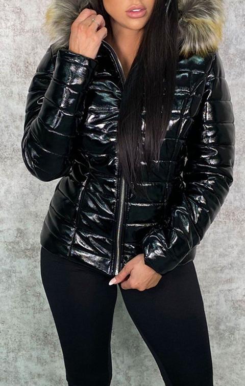 black vinyl faux fur fitted puffer jacket