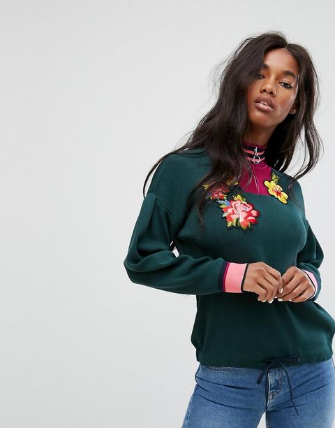 Asos - Maglione Con Collo Alto A Righe Con Fiori Ricamati - Multicolore