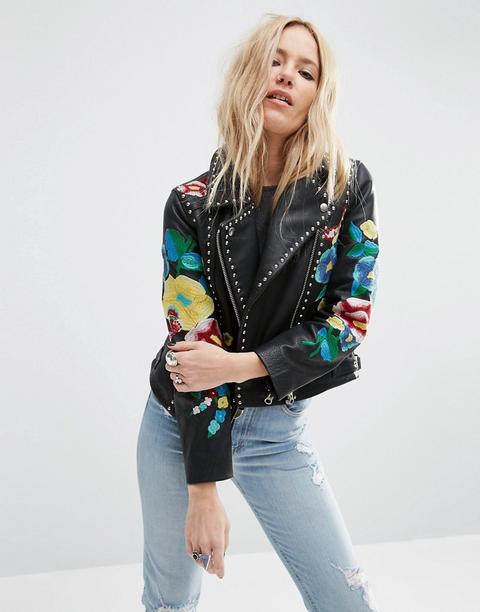 Chaqueta Biker De Cuero Con Bordados Florales De Asos Premium