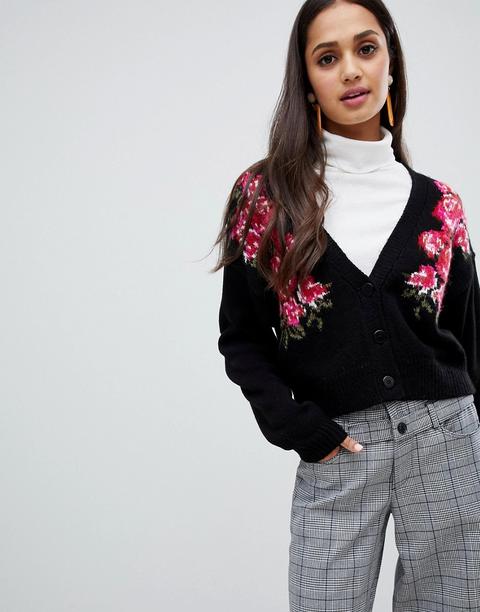 Asos Design - Cardigan Corto A Fiori - Nero