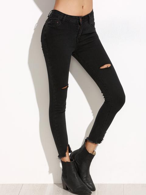 Vaqueros Rotos Desflecado Skinny - Negro
