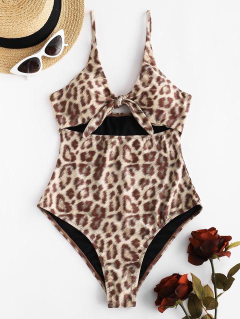 Zaful Costume Da Bagno Intero Con Taglio Leopardo Con Taglio Cravatta Leopard
