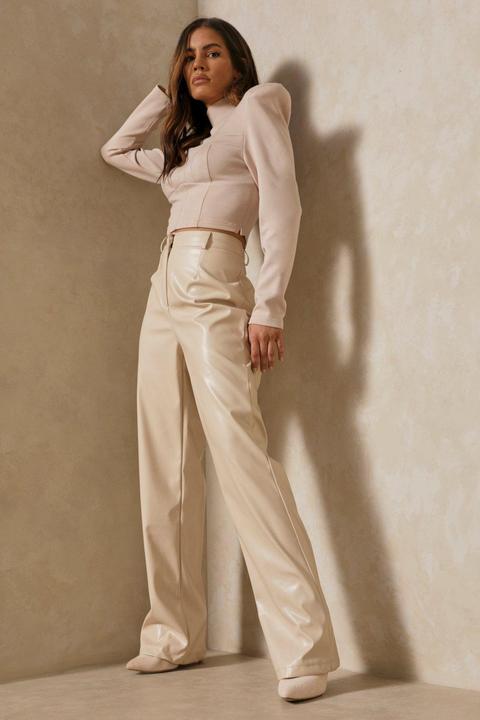 Womens Leather Look Straight Leg Trouser Cream