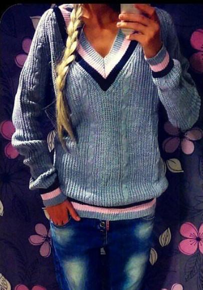 Suéter Impresión Con Cuello En V Manga Larga Gris