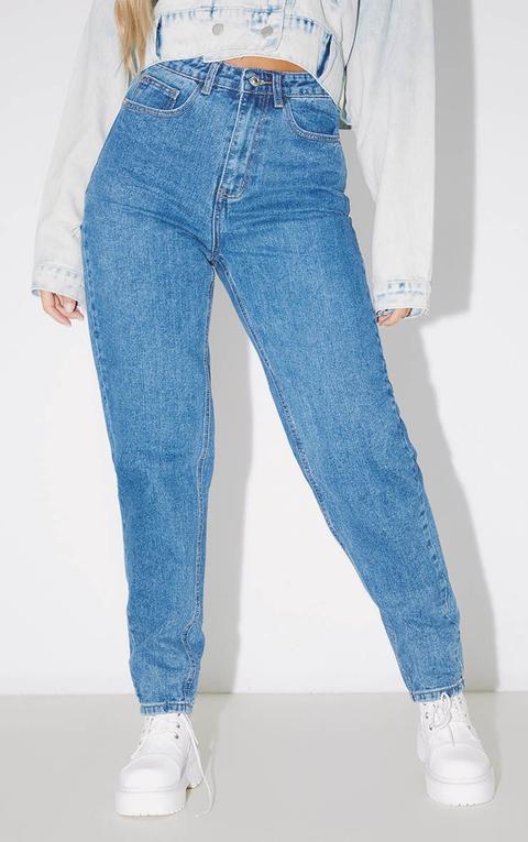 PRETTYLITTLETHING Mid Blue Ripped Mom Jeans