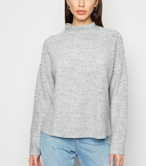 Pale Grey Faux Pearl Brushed Fine Knit Jumper New Look