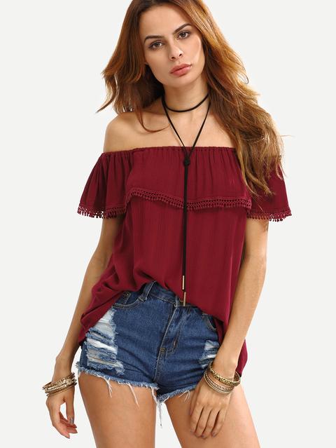 Off The Shoulder Ruffle Pom-pom Shirt