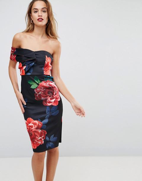 Vestido Ajustado Midi Con Estampado De Flores Y Diseño Asimétrico Plegado De Asos-multicolor