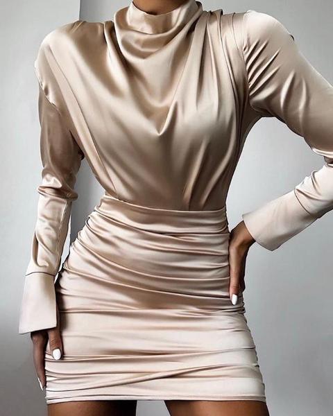 High Neck Ruched Satin Dress