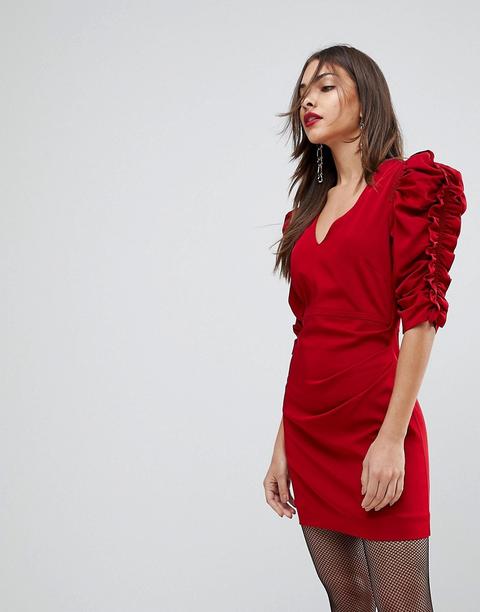 Vestido Con Mangas De Volantes En Rojo De Mango