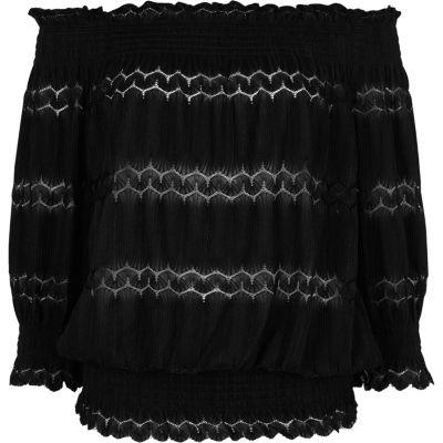 Black Lace Shirred Bardot Top