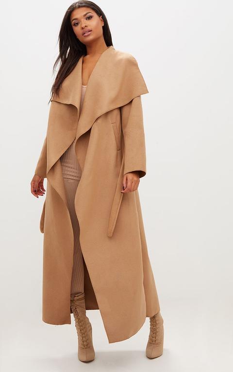 Camel Maxi Length Oversized Waterfall Belted Coat