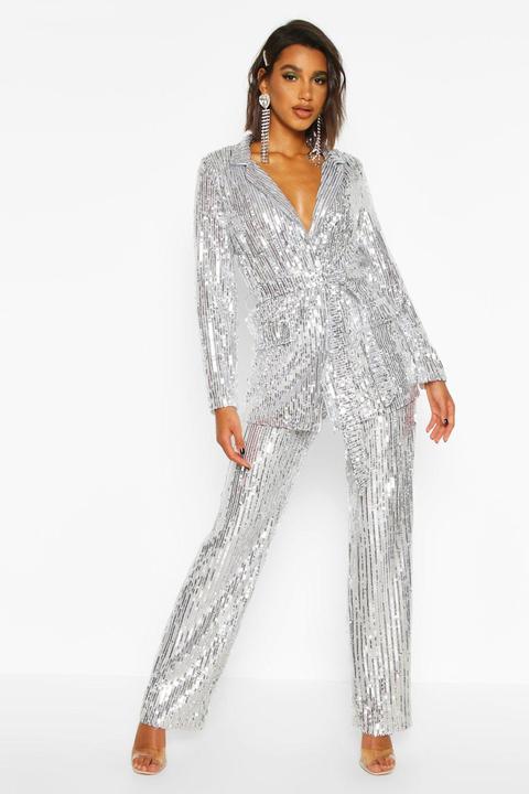 Womens Sequin Wide Leg Trouser - Grey 