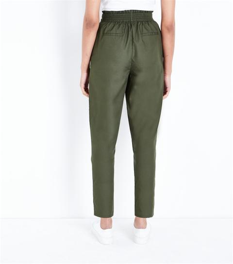 Khaki Cotton Paperbag Waist Trousers New Look