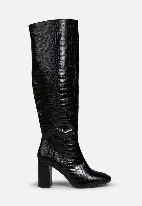 Black Tubular Croc Effect Knee High Boots, Black