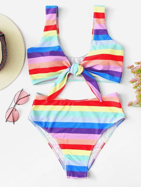 Set De Bikini De Rayas Con Nudo Delantero