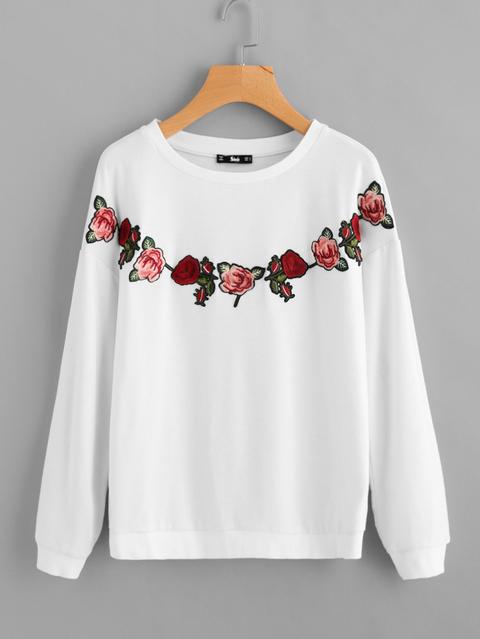 Embroidered Rose Patch Drop Shoulder Pullover