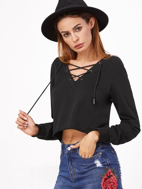 Black Lace Up V Neck Crop Sweatshirt