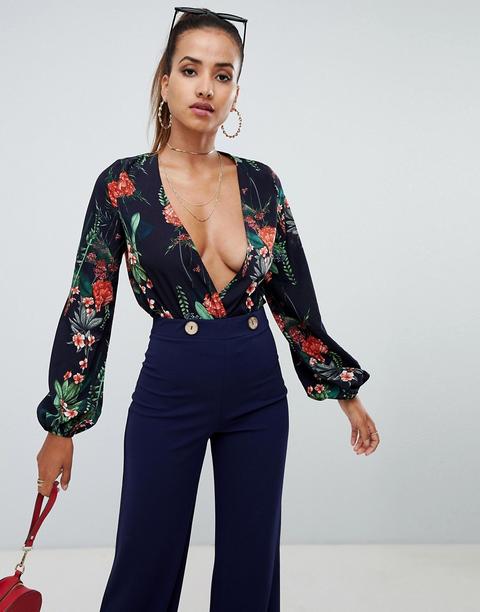 Prettylittlething - Body A Fiori Con Scollo Profondo - Navy