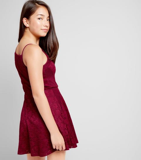 Burgundy Mesh Panel Lace Dress