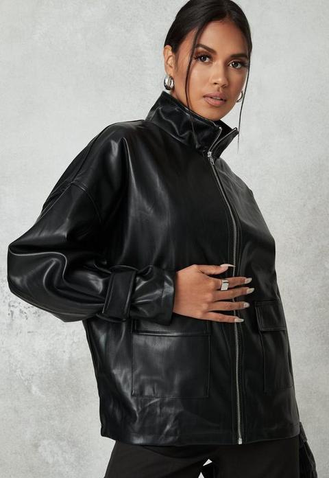 Black Faux Leather Oversized Gathered Back Biker Jacket, Black from ...