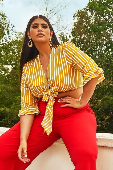 Mustard Tops - Curve Latecia Mustard Stripe Frill Sleeve Tie Front Crop Top