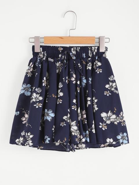 Floral Print Drawstring Shirred Waist Chiffon Skort