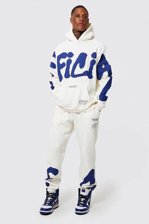 Mens Cream Oversized Official Graffiti Text Tracksuit, Cream