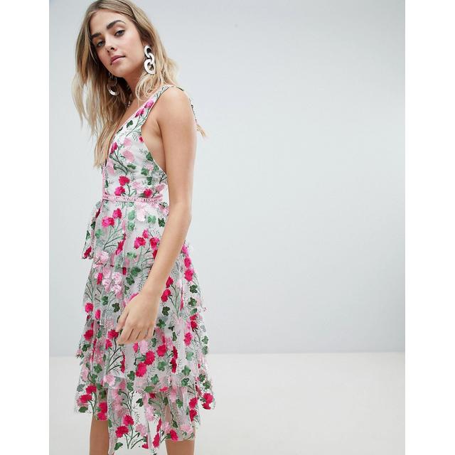 Missguided premium rose embroidered tiered sales midi dress