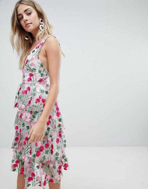 Missguided Premium Rose Embroidered Tiered Midi Dress - Pink