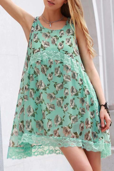 Lace Impiombato Cinghie Piccolo Fiore Vestito Dalla Stampa Green