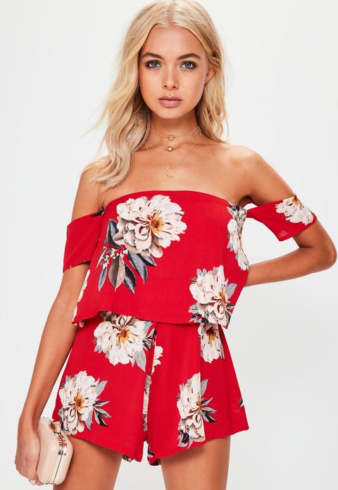 Red Floral Crepe Overlay Bardot Playsuit