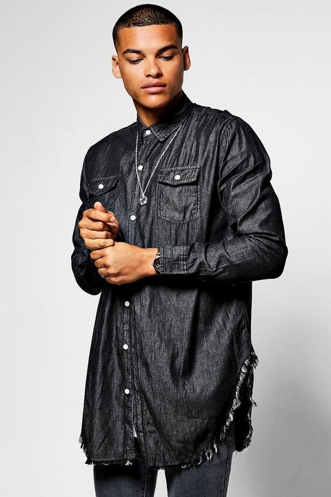 Longline Denim Shirt With Raw Hem Curved