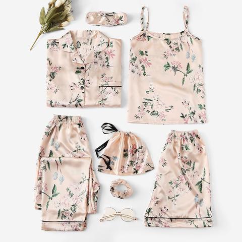 7 Pezzi Set Pigiama Con Bretelle Sottile In Raso Con Stampa Floreale Con Camicia